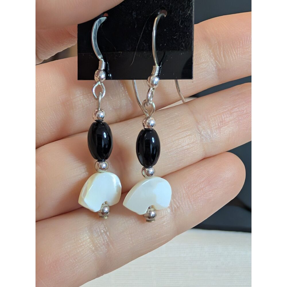 NOS Handmade in Alaska Carved Mother of Pearl Polar Bear Dangle Earrings